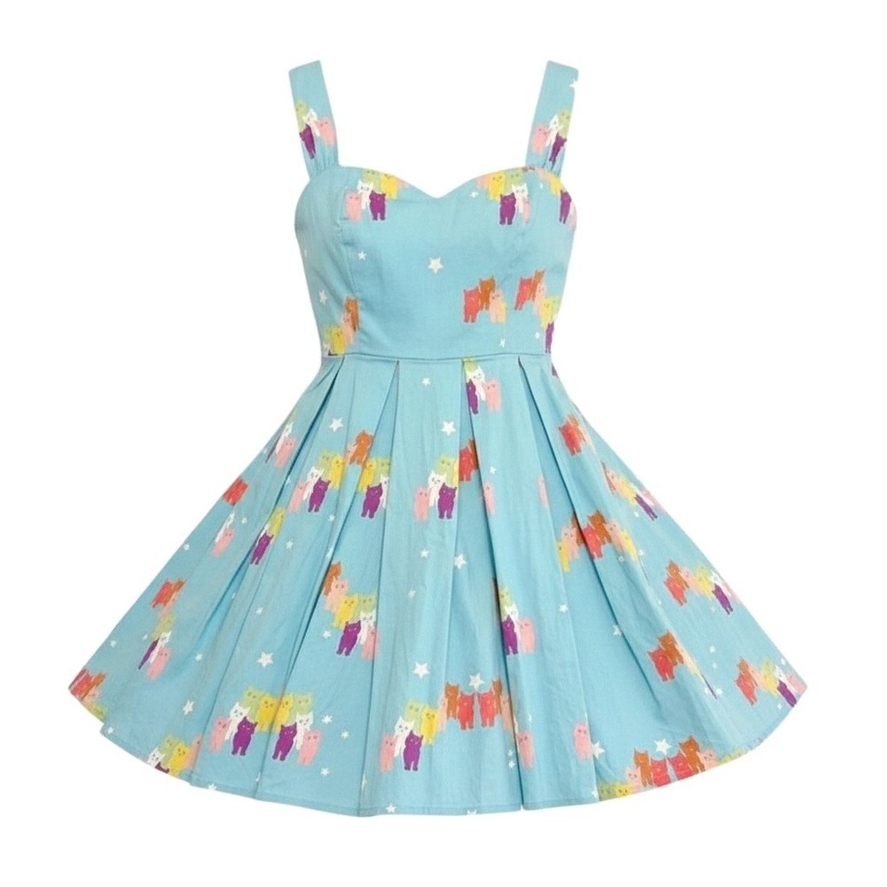 ModCloth Collectif Dress Blue Kitten Cat Print Sleeveless Midi M Pinup 50s Style
